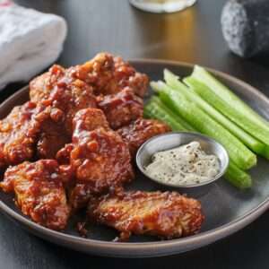 boneless chicken wings covered in honey garlic bbq sauce with ranch and celery