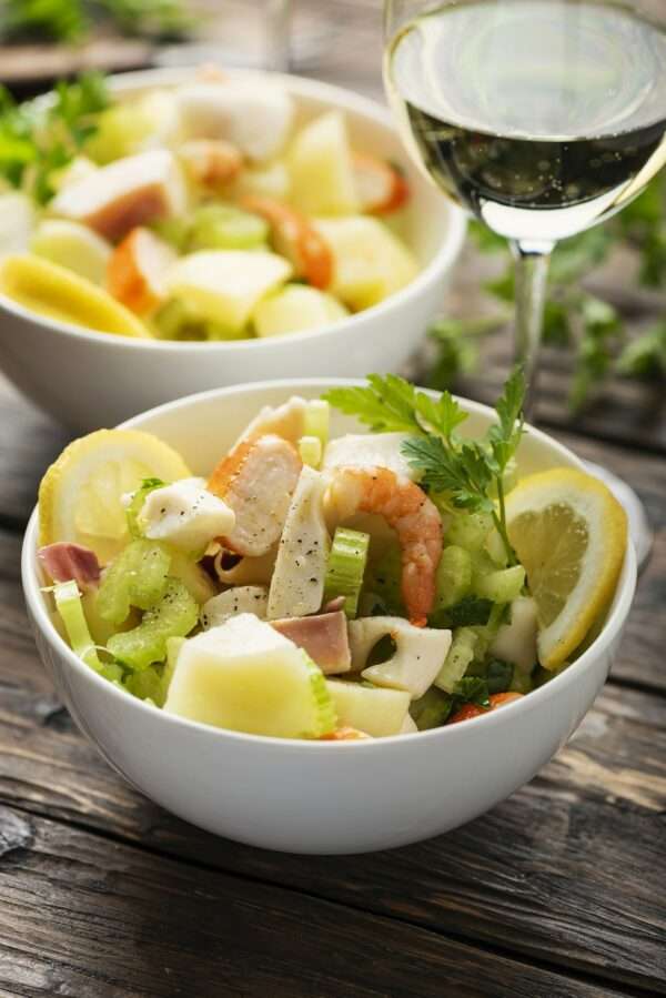 salad with seafood, potato and celery